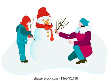 Vector Flat Illustration Of Building A Snowman For Merry Christmas . An Exciting And Funny Outdoor Activity For Children Or Family 