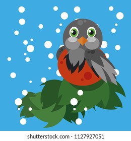 Vector flat illustration of bullfinch sitting on branch of Christmas tree. Snow is falling. Winter design.