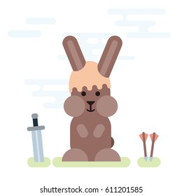 Vector flat illustration of bunny knight with sword and arrows.