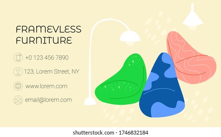 Vector flat illustration business card for frameless furniture store with place for information. Can be used standard sizes 50x90. Here you can see chairs bags, poufs.