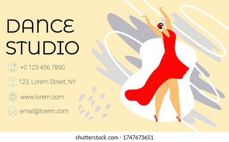 Vector flat illustration business card layout or template. There is place for information, image woman dancing tango in red dress on abstract background. Concept dance schools, performances, events.