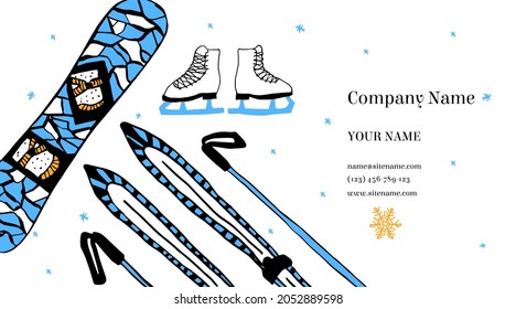 Vector flat illustration for business card layout. Concept of winter sports, alpine skiing, figure skating, snowboarding. Ice skates, snowboard, and skis are depicted. There is a place for text, data.