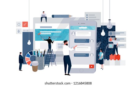 Vector Flat Illustration Of Business Concept Web Page, Small People Working On Creating Website And Mobile Application, Workflow