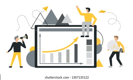 Vector flat illustration of business, concept of success, reaching a goal, analyzing data