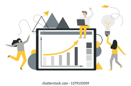 Vector flat illustration of business, concept of success, reaching a goal, analyzing data