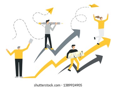Vector flat illustration of business, concept of success, reaching a goal, analyzing data.
