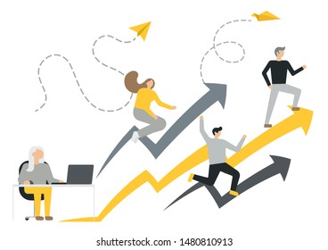 Ilustração plana vetorial de negócios, conceito de sucesso, atingindo um objetivo, analisando dados.