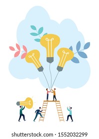 Vector flat illustration, business concept for teamwork, small people sit on the light bulbs in search of ideas, search for new solutions
