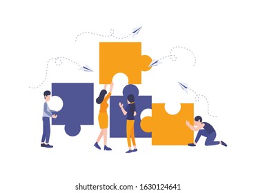 Vector flat illustration, Business concept. Team metaphor. people connecting puzzle elements. Big jigsaw parts with man and woman, Symbol of teamwork, cooperation, partnership.