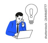 Vector flat illustration of business development, learning, studying.The guy works at the computer. Line art. Suitable for business, training, statistics, development. Hand drawn. An idea came to mind