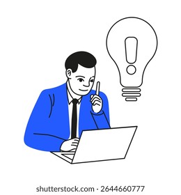 Vector flat illustration of business development, learning, studying.The guy works at the computer. Line art. Suitable for business, training, statistics, development. Hand drawn. An idea came to mind