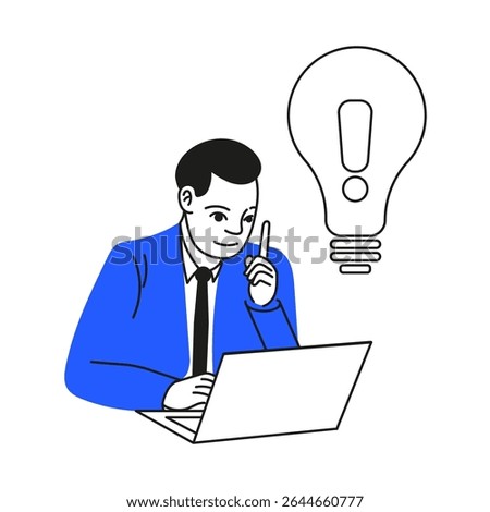 Vector flat illustration of business development, learning, studying.The guy works at the computer. Line art. Suitable for business, training, statistics, development. Hand drawn. An idea came to mind