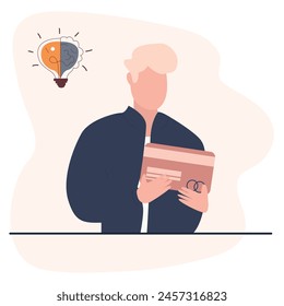 Vector flat illustration. Business and finance concept. A person who is busy with business affairs and implementing new ideas. Suitable for social networks, screensavers and as a template.