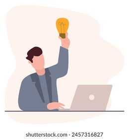 Vector flat illustration. Business and finance concept. A person who is busy with business affairs and implementing new ideas. Suitable for social networks, screensavers and as a template.