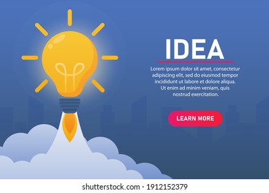 Vector flat illustration. Business idea concept. The rocket in the form of a light bulb flies upward. Can be used for presentation, websites and web banners. Easy to edit and modify text.