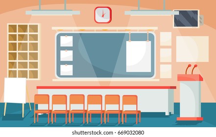 Vector flat illustration of a business interior - conference, meeting room, room for presentations with speakers podium, large screen, blackboard, empty banners, table, seats