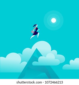 Vector flat illustration with business lady jumping above mountain peak on blue sky with isolated clouds. Motivation, moving upwards, aspirations, new aims and perspectives, achievements - metaphor.