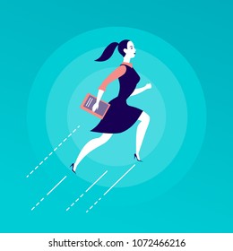 Vector flat illustration with business lady jumping upwards isolated on blue background. Motivation, moving up, aspirations, growth, new aims and perspectives, achievements, woman move - metaphor.