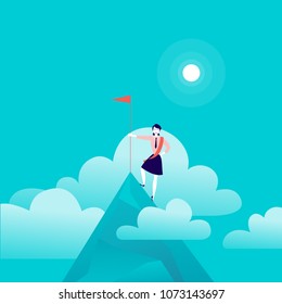 Vector flat illustration with business lady standing on mountain peak of holding flag on blue clouded sky background. Victory, achievement, reaching aim, aspirations, motivation, leader - metaphor.