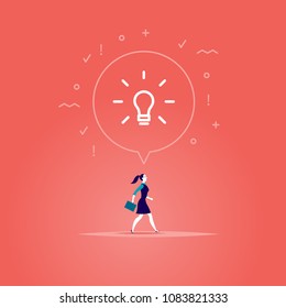 Vector flat illustration with business lady walking forwards her aim inspired new idea isolated on red background. Metaphor for leadership, genius idea, aspirations, motivation, move on, just do it.