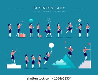 Vector flat illustration with business lady office characters & metaphors isolated on blue background. Concepts portraits for different business situations - leadership, idea, achievement, aspirations