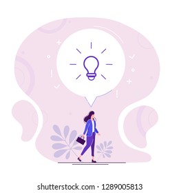 Vector flat illustration with business lady walking forwards her aim inspired new idea isolated on red background. Metaphor for leadership, genius idea, aspirations, motivation, move on, just do it