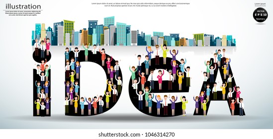 Vector flat illustration of business. a large group of men and women (business community or politicians)with Text idea,Background Building.