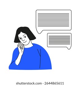 Vector flat illustration for business, learning, studying. The girl chats on the phone. Line art. Hand drawn. Dialogue