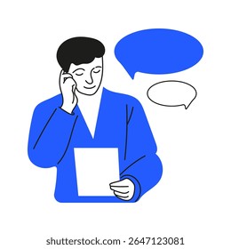 Ilustração plana vetorial para negócios, aprendizado, estudo. Um homem fala ao telefone. Arte em linha. Desenhado à mão. Diálogo. Comunicação