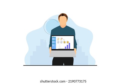 Vektorflache Illustration von Geschäftsmann mit modernem Laptop, flacher Cartoon-Stil