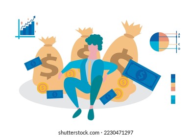 vector flat illustration of a business man leaning over money and wealth over achievement and success.