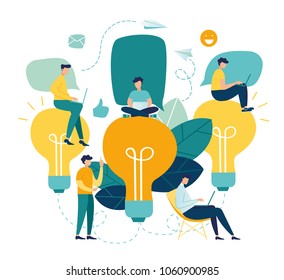 Vector flat illustration, business meeting and brainstorming, business concept for teamwork, searching for new solutions, little people are sitting on light bulbs in search of ideas vector