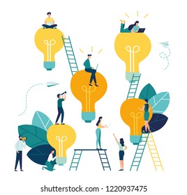 Vector flat illustration, business meeting and brainstorming, business concept for teamwork, searching for new solutions, little people are sitting on light bulbs in search of ideas