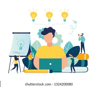 Vector flat illustration, business meeting and brainstorming, business concept for teamwork, searching for new solutions, little people are sitting on light bulbs in search of ideas - Vector 