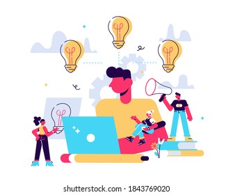Vector flat illustration, business meeting and brainstorming, business concept for teamwork, searching for new solutions, little people are sitting on light bulbs in search of ideas - Vector