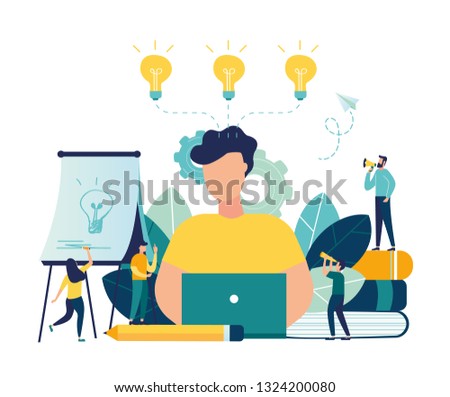 Vector flat illustration, business meeting and brainstorming, business concept for teamwork, searching for new solutions, little people are sitting on light bulbs in search of ideas - Vector 