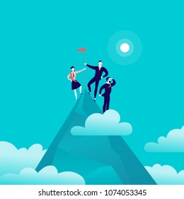 Vector flat illustration with business people standing on mountain peak top holding flag on blue clouded sky background. Victory, achievement, reaching aim, partnership, motivation, leader - metaphor.