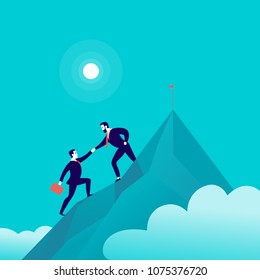 Vector Flat Illustration With Business People Climbing Together On Mountain Peak Top On Blue Clouded Sky Background. Team Work, Achievement, Reaching Aim, Partnership, Motivation, Support, - Metaphor.