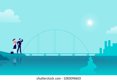 Vector flat illustration with business people standing at sea coast bridge looking at city on another side. New achievement, aspirations, company work, partnership, career goal, motivation - metaphor.