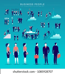 Vector flat illustration with business people office characters & metaphor isolated on blue background. Concept portraits for different business situations - partnership, idea, achievement, aspiration