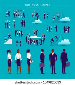 Vector flat illustration with business people office characters & metaphor isolated on blue background. Concept portraits for different business situations - partnership, idea, achievement, aspiration