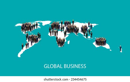 vector flat illustration of business people standing on the world global map shape. infographic global business cooperation concept.