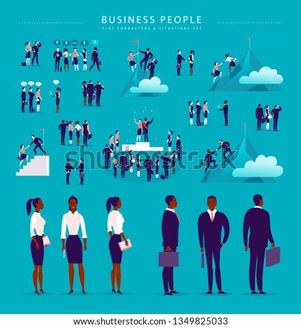 Vector flat illustration with business people office characters & metaphor isolated on blue background. Concept portraits for different business situations - partnership, idea, achievement, aspiration