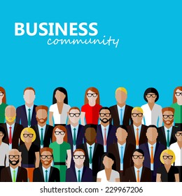 vector flat  illustration of business or politics community. a large group of men and women (business community or politicians) wearing suits, ties and dresses. summit or conference family image
