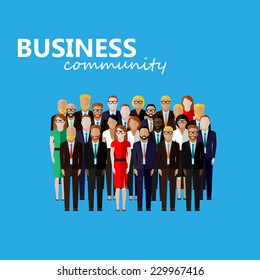 vector flat  illustration of business or politics community. a large group of men and women (business community or politicians) wearing suits, ties and dresses. summit or conference family image