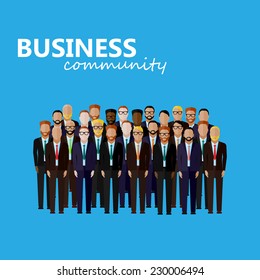 vector flat  illustration of business or politics community. a large group of men (business men or politicians) wearing suits and ties. summit or conference family image