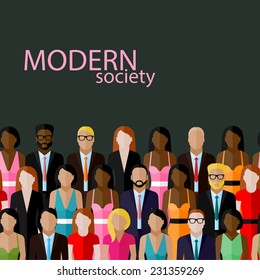 vector flat  illustration of business or politics community. group of well-dresses men and women (business men, women or politicians) wearing suits, ties and dresses. summit or conference family image