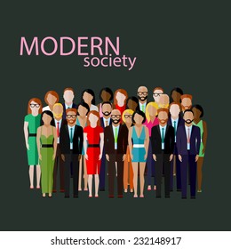 vector flat  illustration of business or politics community. group of well-dresses men and women (business men, women or politicians) wearing suits, ties and dresses. summit or conference family image