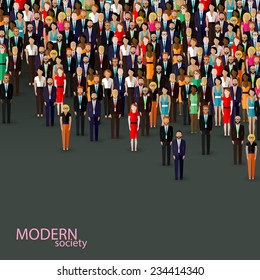 Vector Flat Illustration Of Business Or Politics Community. Crowd Of Well-dresses Men And Women (business Men, Women Or Politicians) Wearing Suits, Ties And Dresses. 