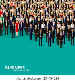 Vector Flat Illustration Of Business Or Politics Community. A Crowd Of Men And Women (business Community Or Politicians) Wearing Suits, Ties And Dresses.